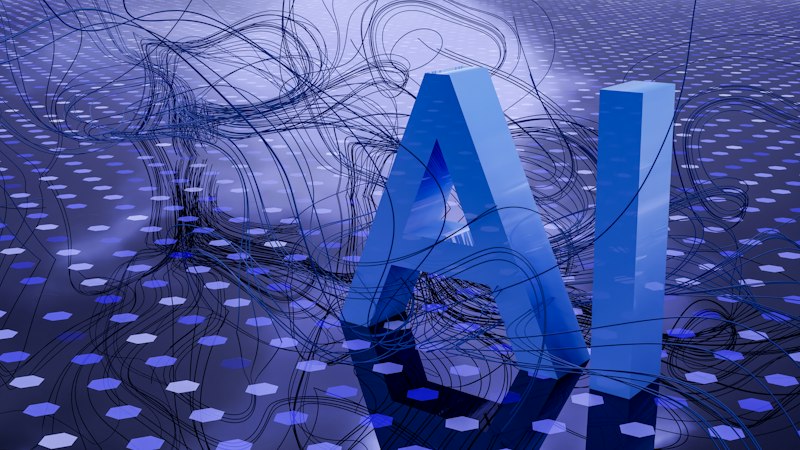 蓝色 "AI" 立体字悬浮在数据网格之上:能力在跃迁,评价体系也在跃迁(Unsplash / DeepMind)